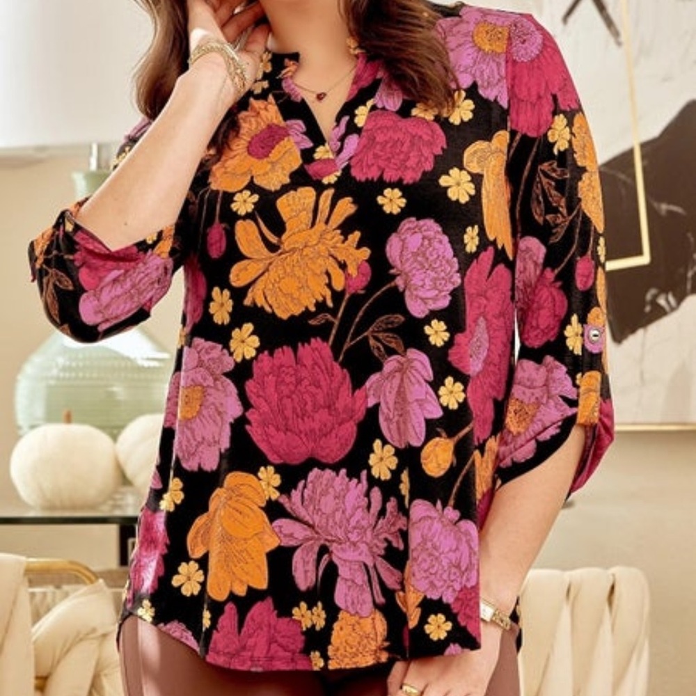Elegant Floral Print Blouse - Black, Pink, Orange